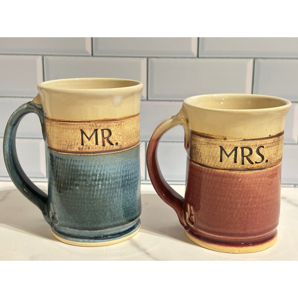 Studio Pottery Mr and Mrs Mug Set Blue Red‎ Stoneware Signed Wedding His Hers